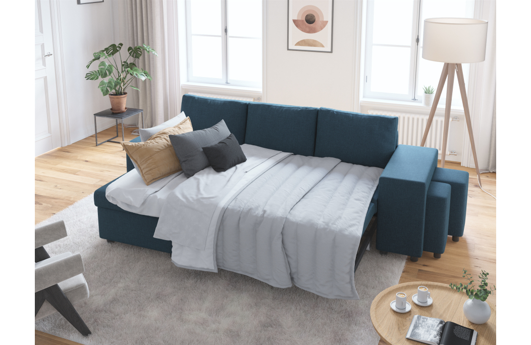 Canapé d'angle OSLO convertible avec coffre et poufs en tissu
