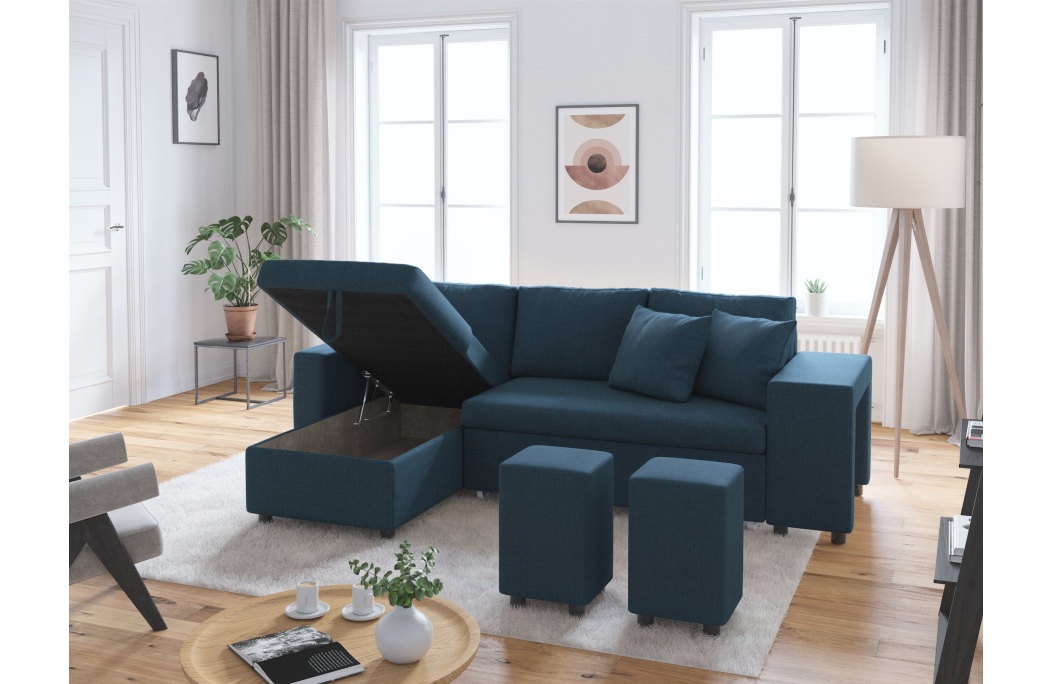Canapé d'angle OSLO convertible avec coffre et poufs en tissu