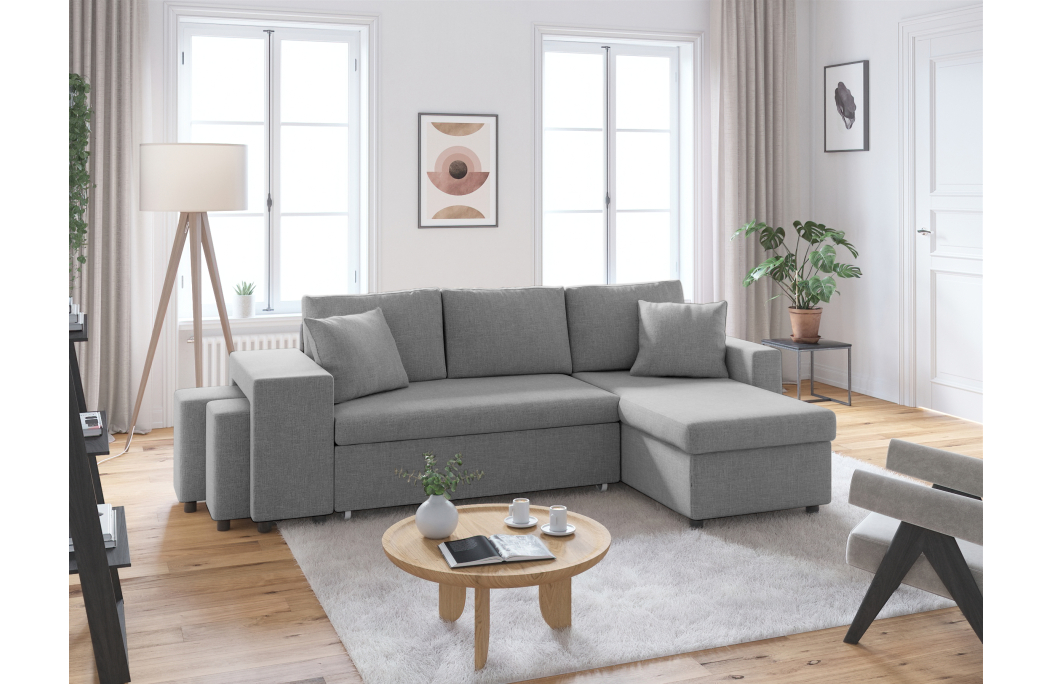 Canapé d'angle OSLO convertible avec coffre et poufs en tissu