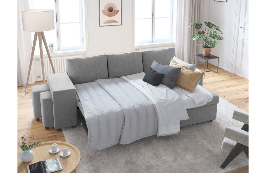 Canapé d'angle OSLO convertible avec coffre et poufs en tissu