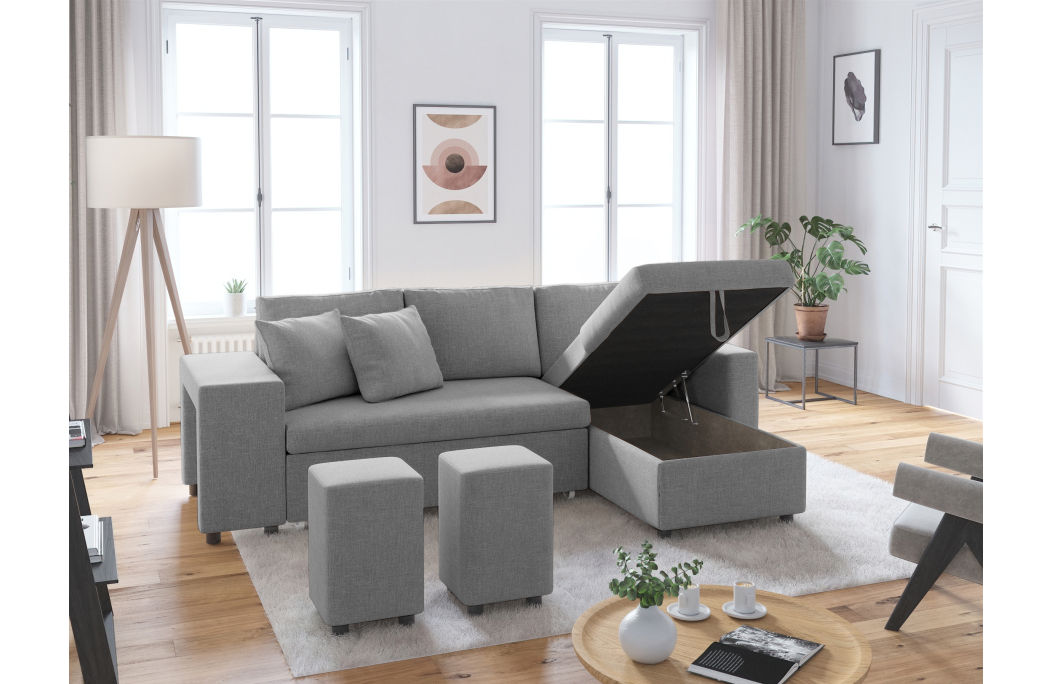 Canapé d'angle OSLO convertible avec coffre et poufs en tissu