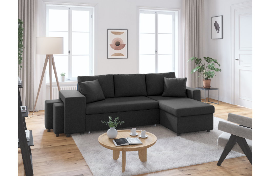 Canapé d'angle OSLO convertible avec coffre et poufs en tissu