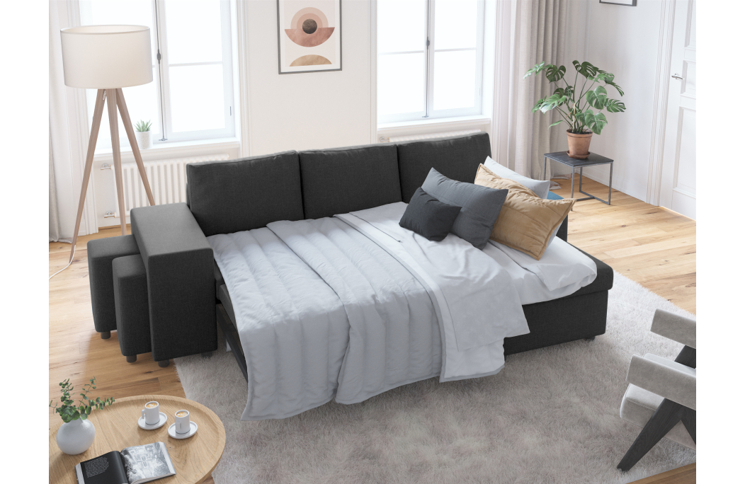 Canapé d'angle OSLO convertible avec coffre et poufs en tissu