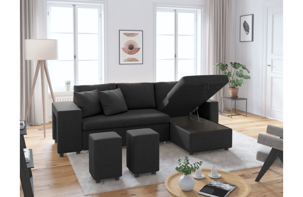 Canapé d'angle OSLO convertible avec coffre et poufs en tissu