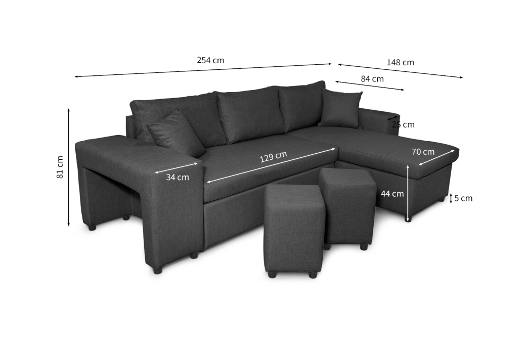 Canapé d'angle MADY convertible avec coffre, accoudoir étagère et poufs en tissu