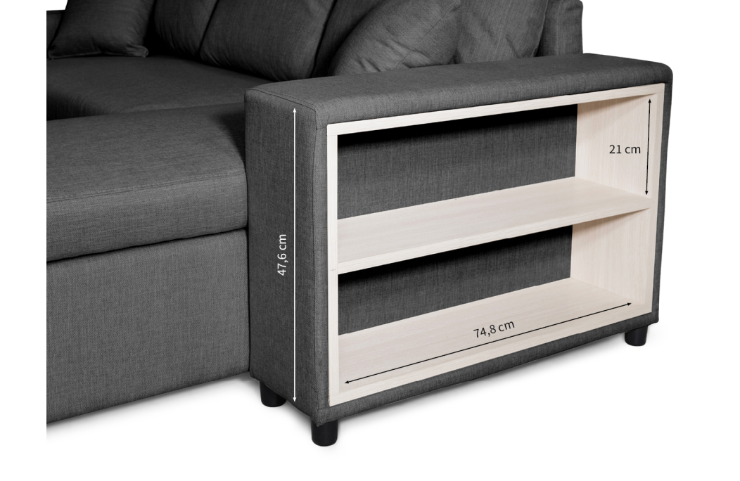 Canapé d'angle MADY convertible avec coffre, accoudoir étagère et poufs en tissu
