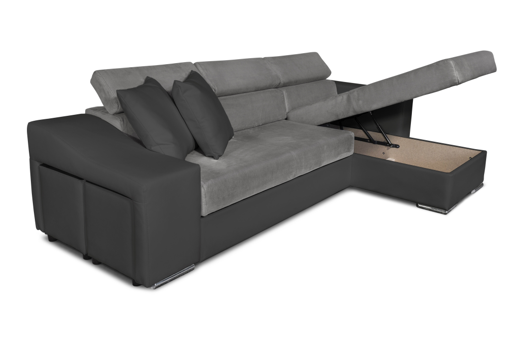Canapé d'Angle ELONA Convertible en Microfibre et Simili avec poufs