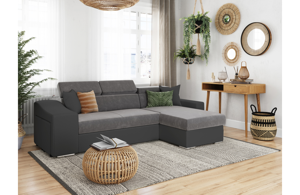 Canapé d'Angle ELONA Convertible en Microfibre et Simili avec poufs