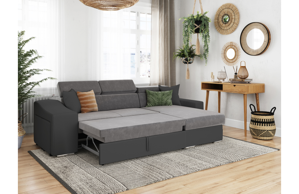 Canapé d'Angle ELONA Convertible en Microfibre et Simili avec poufs