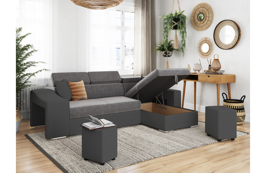 Canapé d'Angle ELONA Convertible en Microfibre et Simili avec poufs