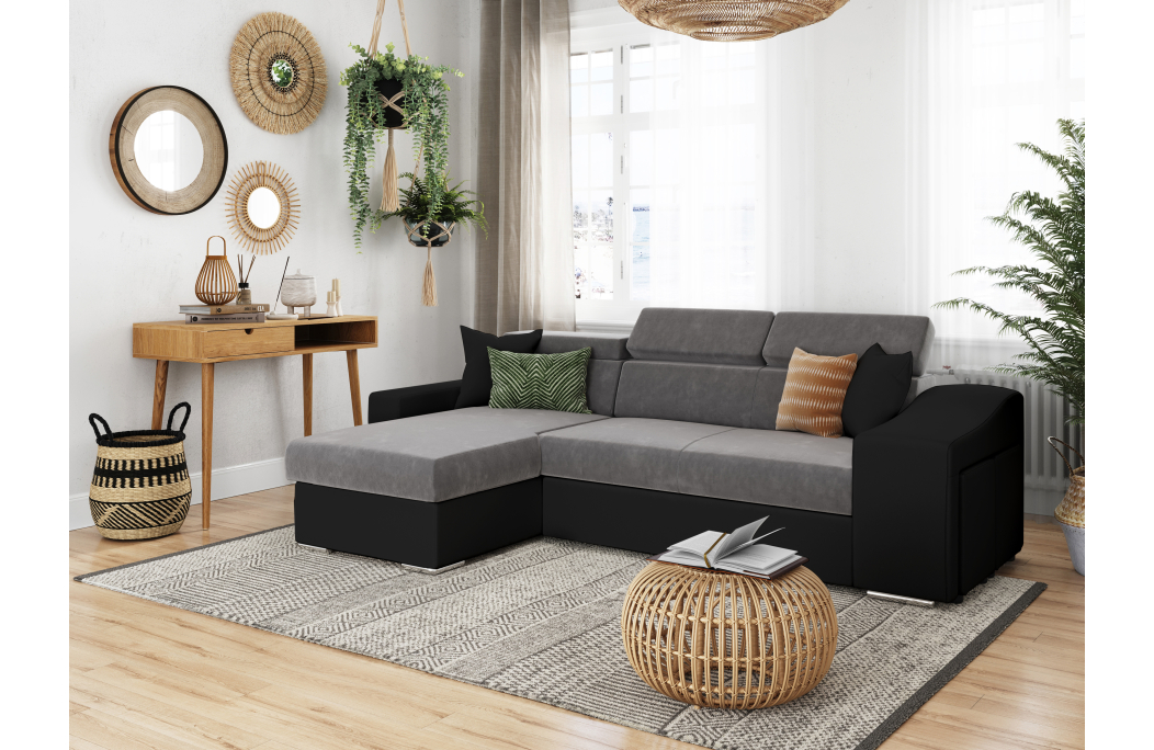 Canapé d'Angle ELONA Convertible en Microfibre et Simili avec poufs