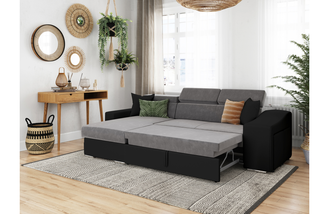 Canapé d'Angle ELONA Convertible en Microfibre et Simili avec poufs