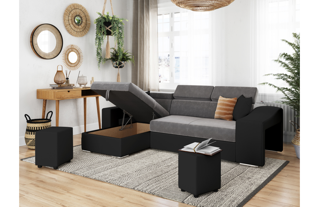 Canapé d'Angle ELONA Convertible en Microfibre et Simili avec poufs
