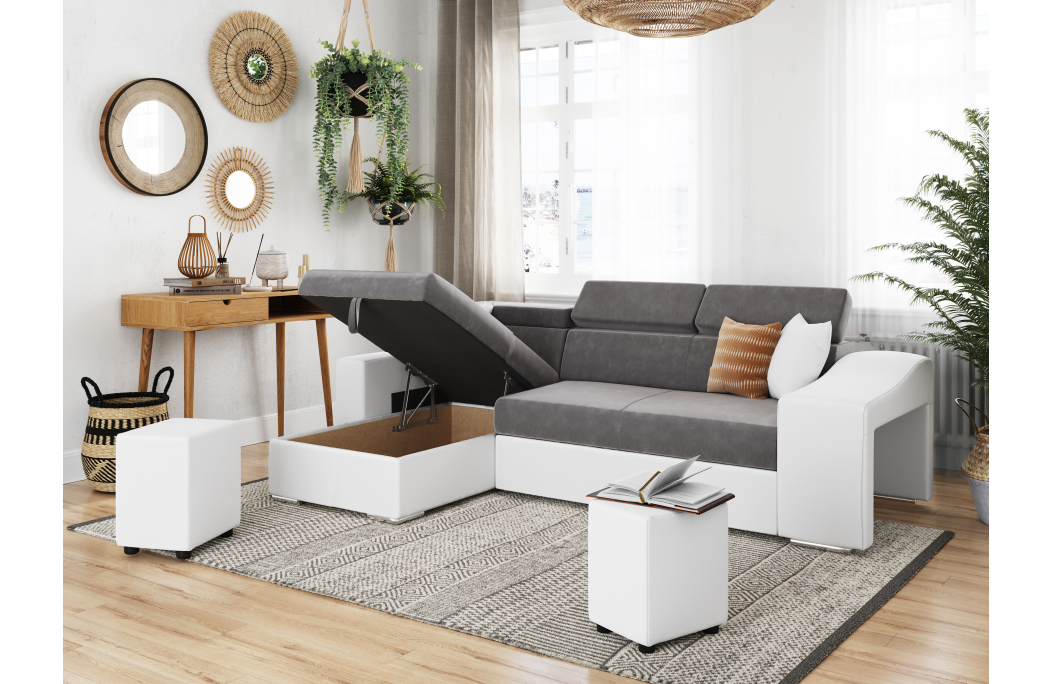 Canapé d'Angle ELONA Convertible en Microfibre et Simili avec poufs