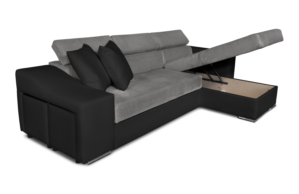 Canapé d'Angle ELONA Convertible en Microfibre et Simili avec poufs