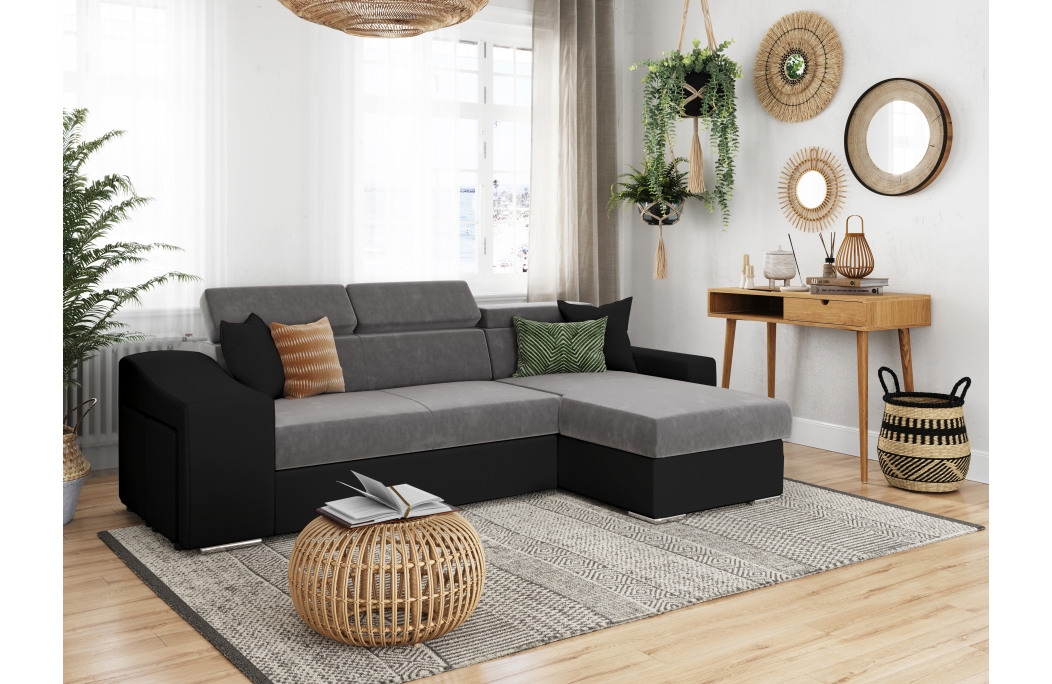 Canapé d'Angle ELONA Convertible en Microfibre et Simili avec poufs
