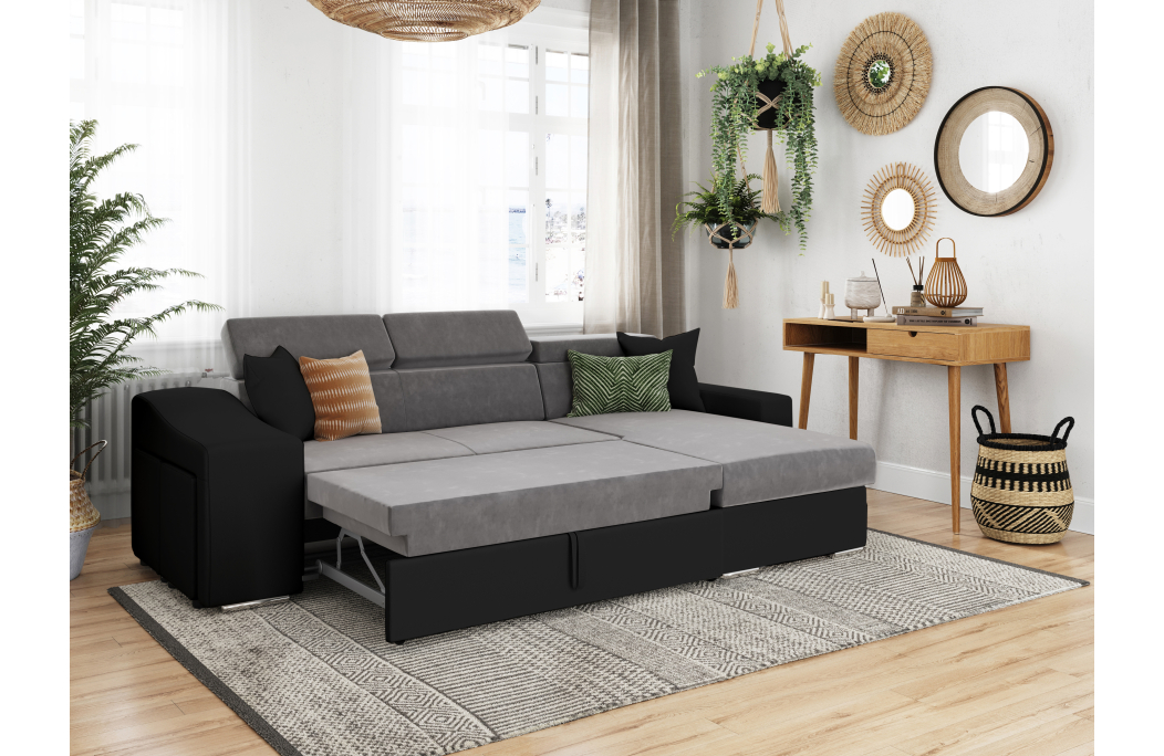 Canapé d'Angle ELONA Convertible en Microfibre et Simili avec poufs