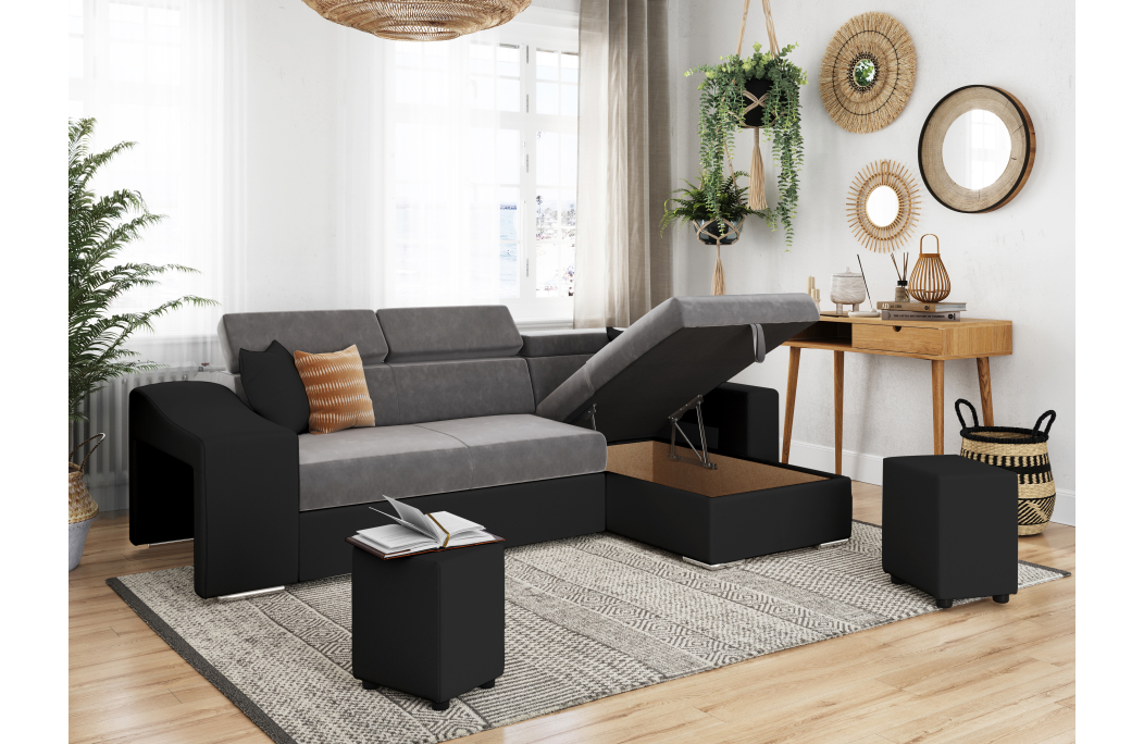 Canapé d'Angle ELONA Convertible en Microfibre et Simili avec poufs