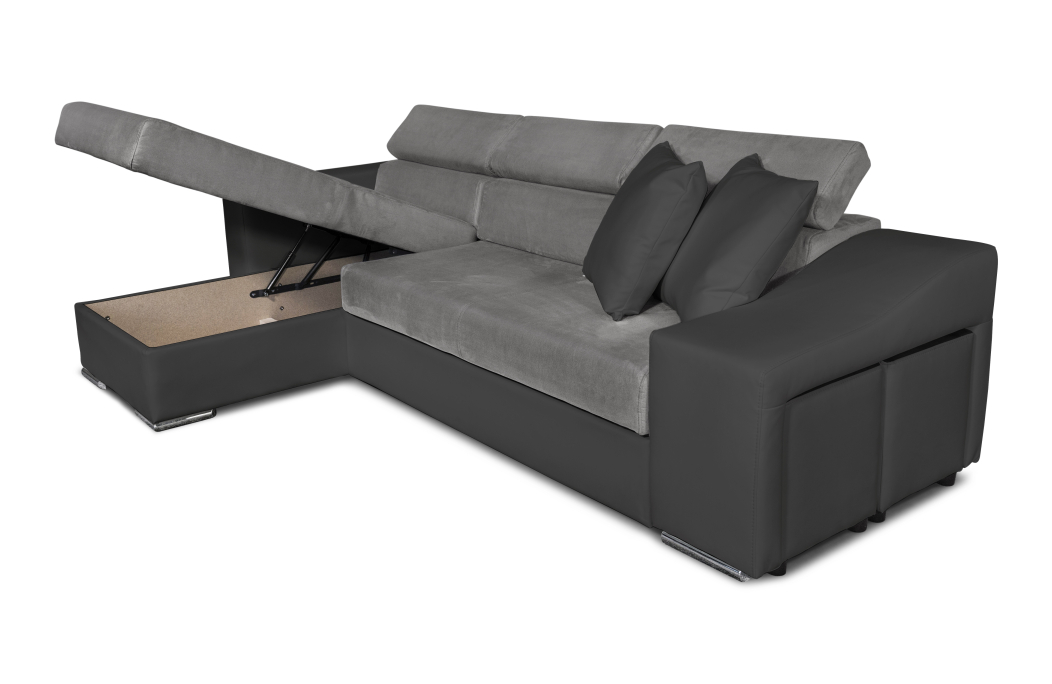 Canapé d'Angle ELONA Convertible en Microfibre et Simili avec poufs