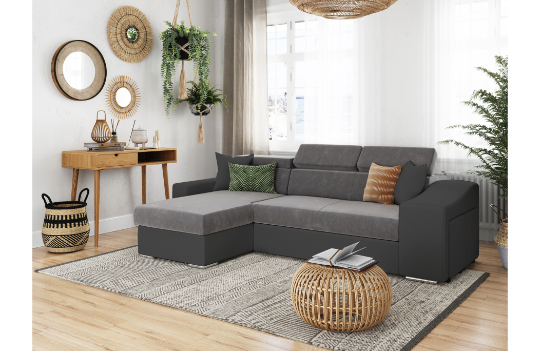 Canapé d'Angle ELONA Convertible en Microfibre et Simili avec poufs