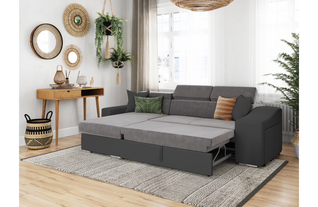 Canapé d'Angle ELONA Convertible en Microfibre et Simili avec poufs