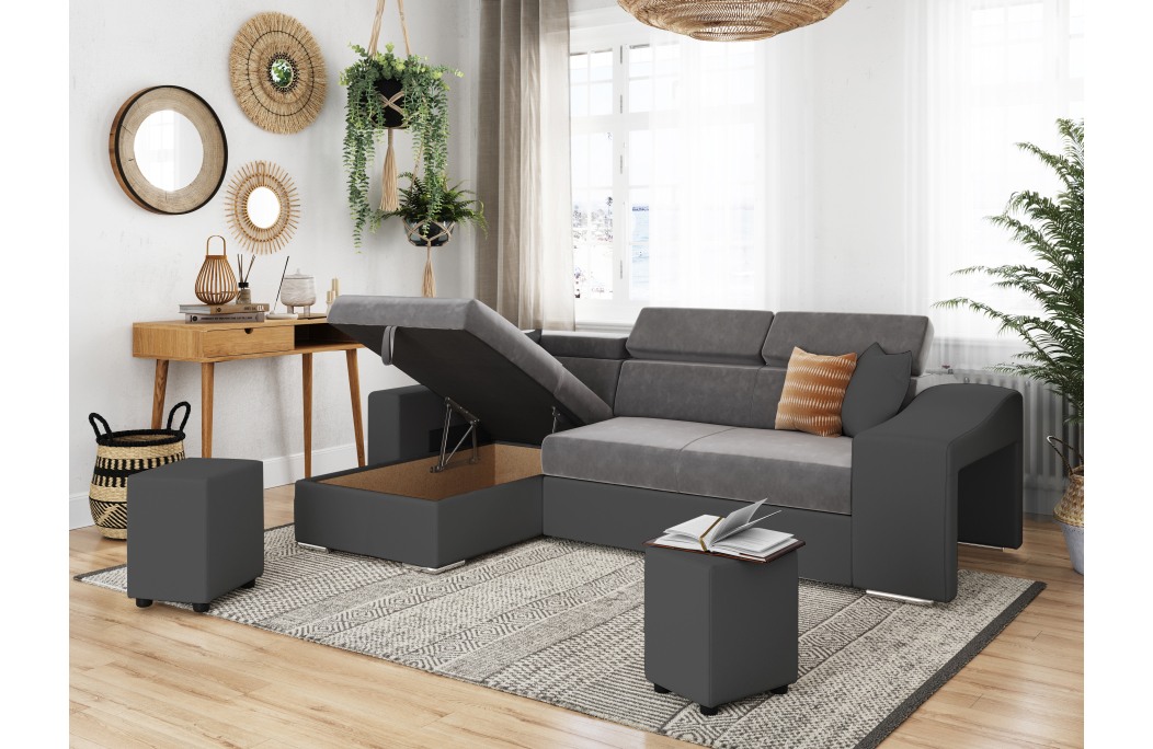 Canapé d'Angle ELONA Convertible en Microfibre et Simili avec poufs