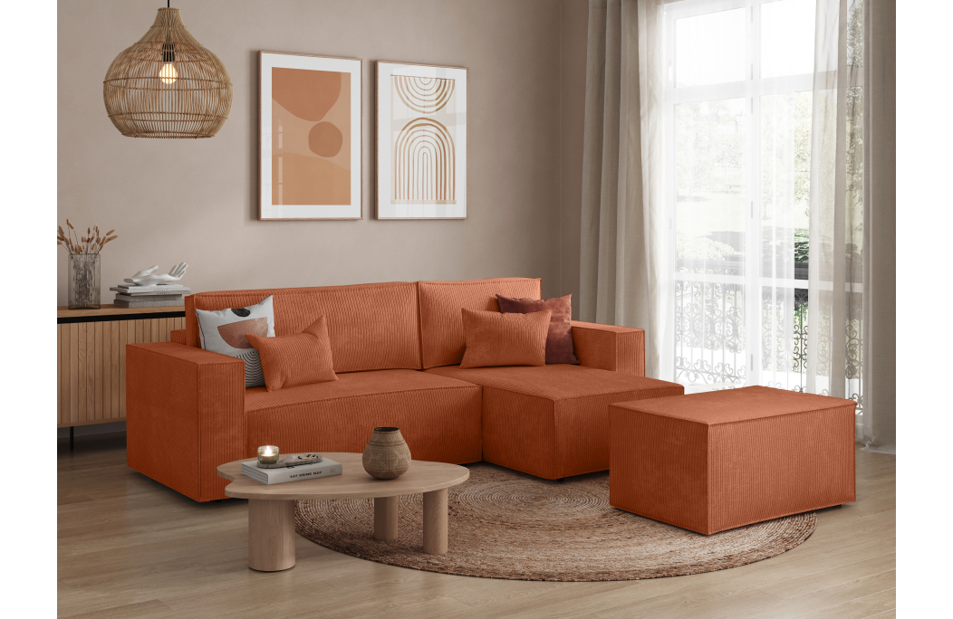 CLARISSE - Canapé d'angle convertible réversible avec pouf en velours côtelé