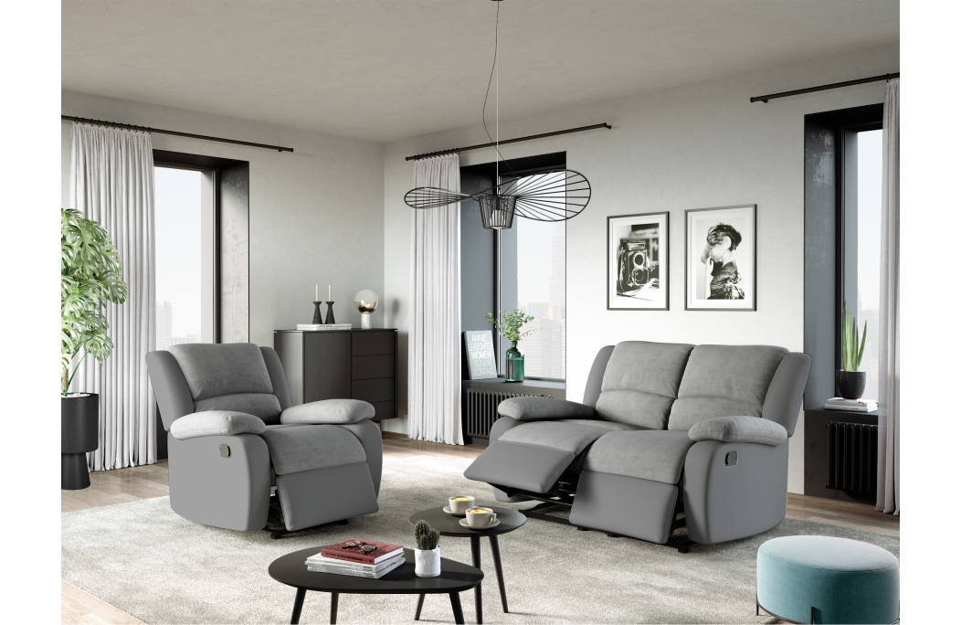 RELAXXO - Ensemble canapé relax manuel LEO 2 places + fauteuil manuel en microfibre et simili