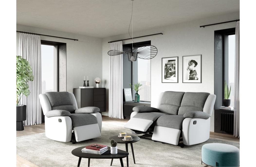 RELAXXO - Ensemble canapé relax manuel LEO 2 places + fauteuil manuel en microfibre et simili
