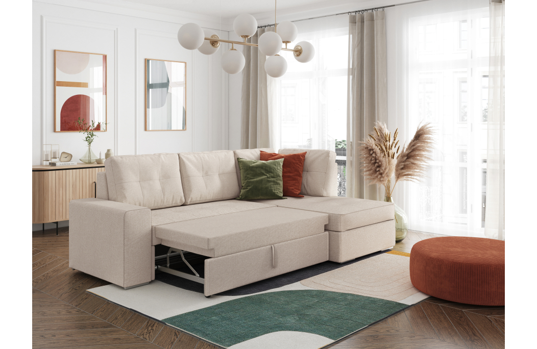 ADEN - Canapé d'angle convertible avec coffre en tissu