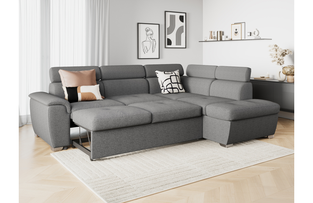 Canapé d'angle PAOLA convertible, 4 places avec coffre en tissu