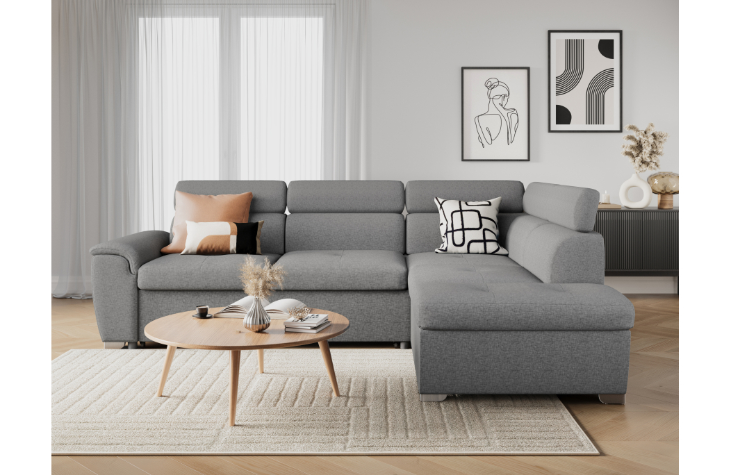 Canapé d'angle PAOLA convertible, 4 places avec coffre en tissu