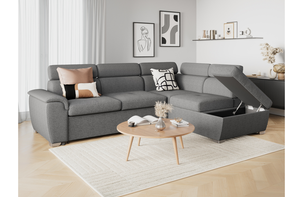 Canapé d'angle PAOLA convertible, 4 places avec coffre en tissu