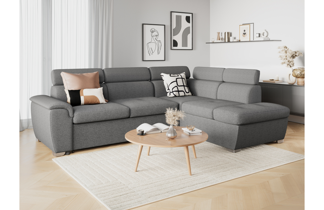 Canapé d'angle PAOLA convertible, 4 places avec coffre en tissu