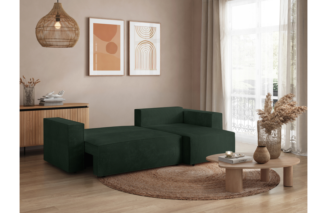 CLARISSE - Canapé d'angle convertible réversible avec coffre en velours côtelé