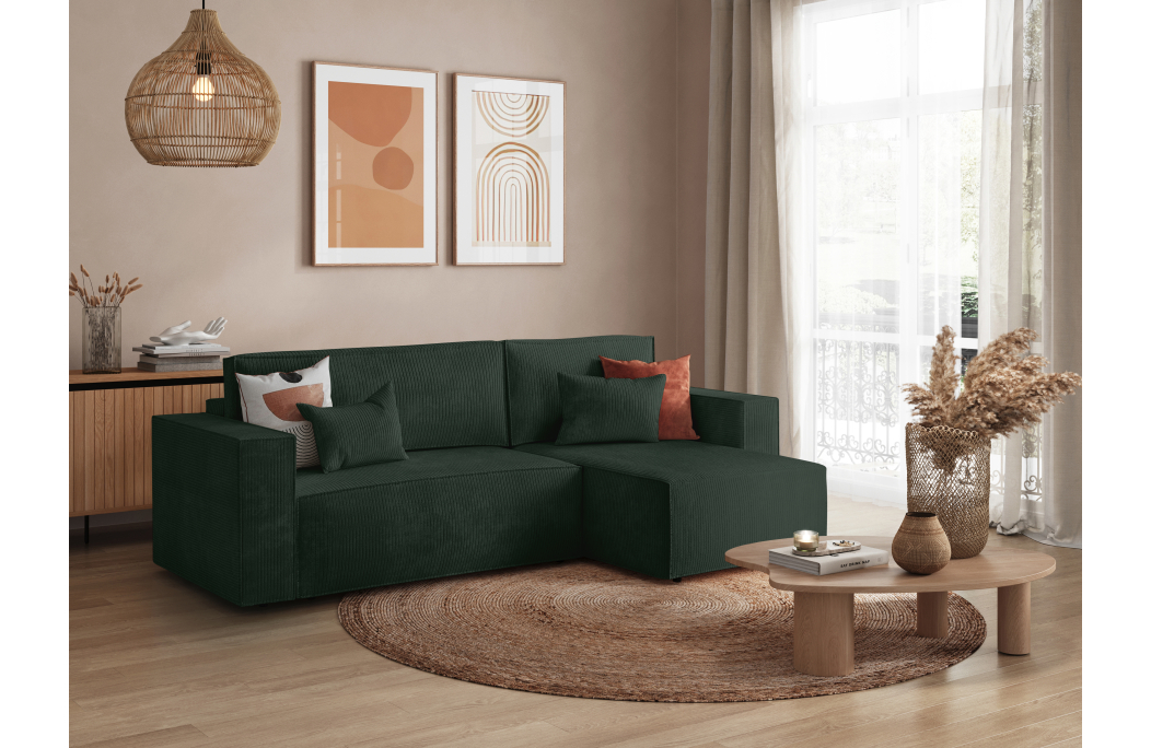 CLARISSE - Canapé d'angle convertible réversible avec coffre en velours côtelé