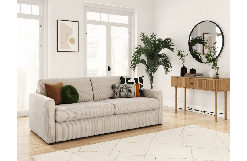 Canapé convertible AGATHE système couchage express 140x190cm en velours côtelé - Matelas épaisseur 13cm