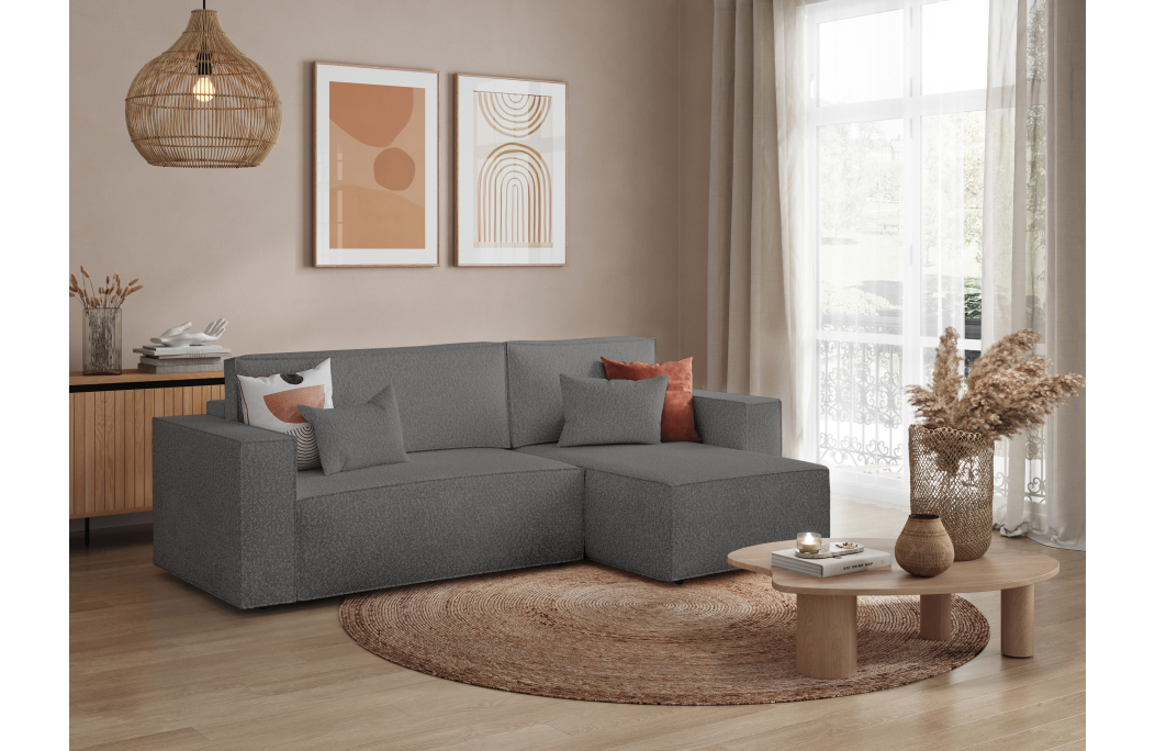 CLARISSE - Canapé d'angle convertible réversible avec coffre en tissu bouclettes