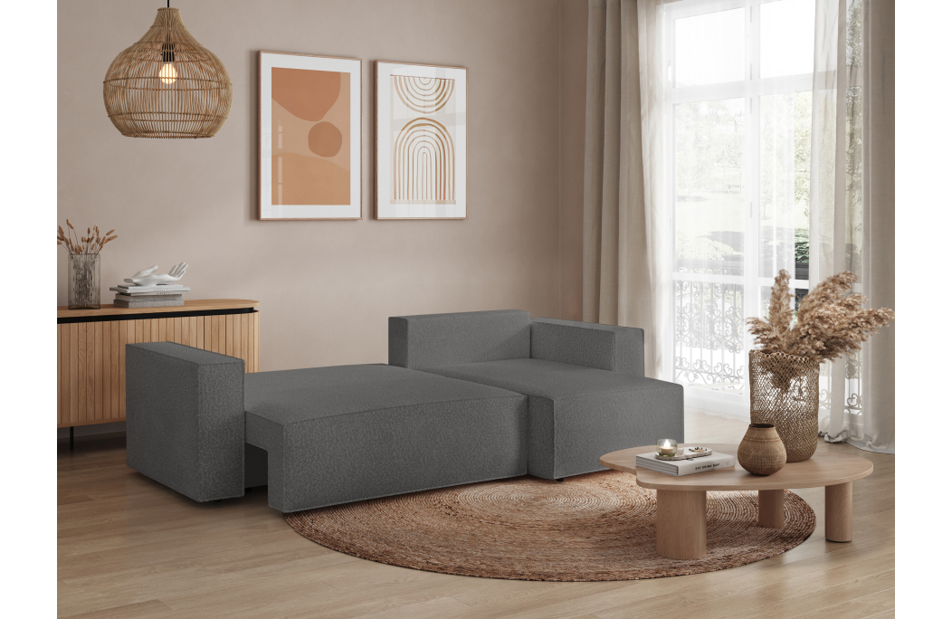 CLARISSE - Canapé d'angle convertible réversible avec coffre en tissu bouclettes