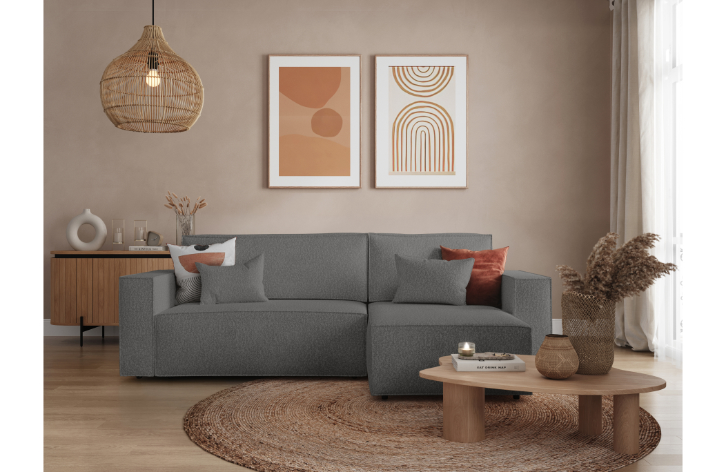 CLARISSE - Canapé d'angle convertible réversible avec coffre en tissu bouclettes