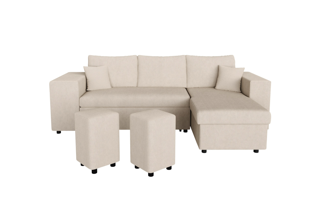 Canapé d'angle MADY convertible avec coffre, 2 poufs et étagère en velours côtelé