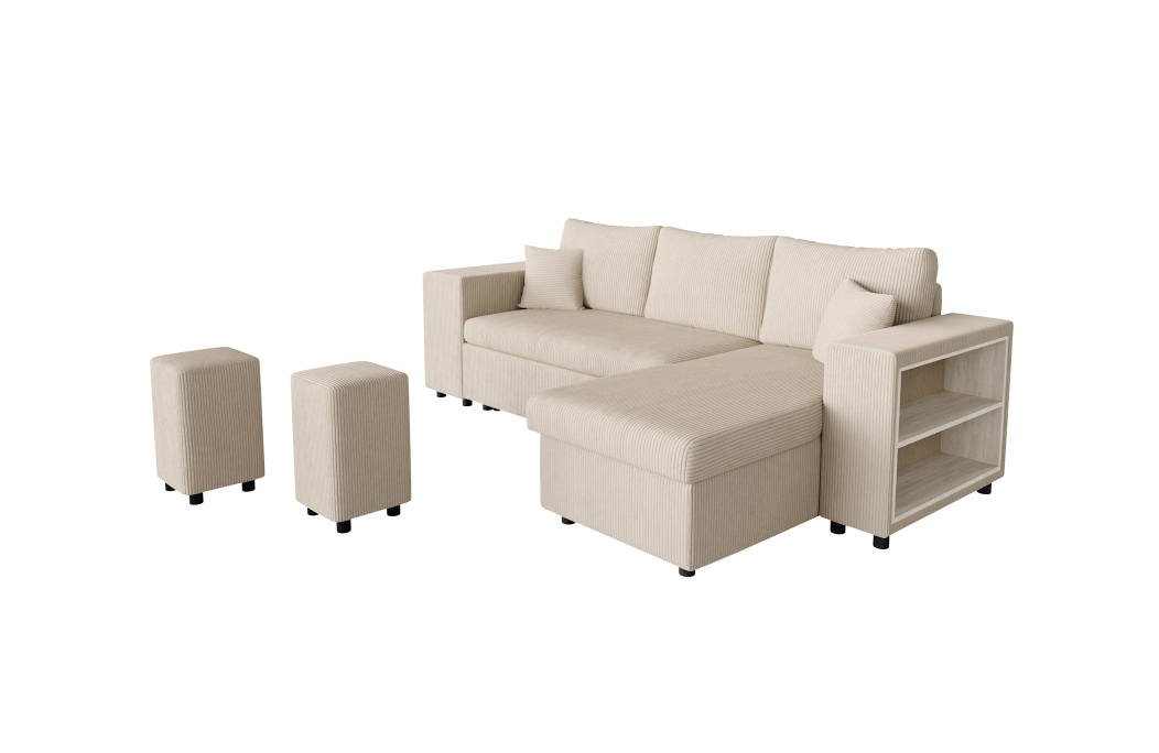 Canapé d'angle MADY convertible avec coffre, 2 poufs et étagère en velours côtelé