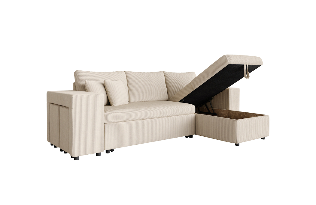 Canapé d'angle MADY convertible avec coffre, 2 poufs et étagère en velours côtelé