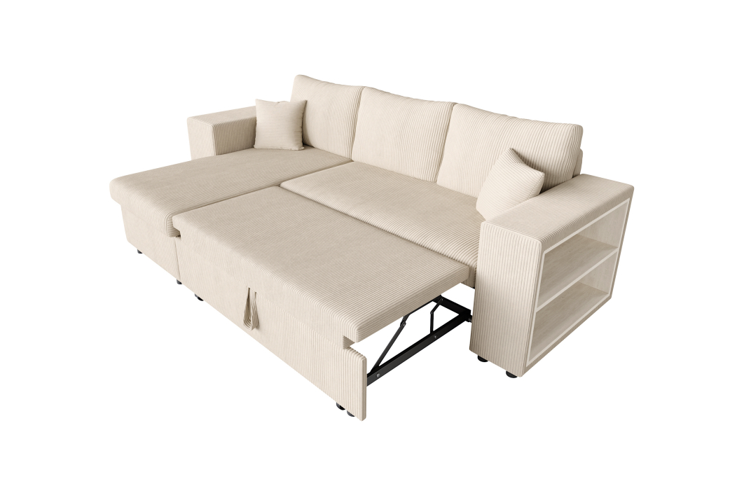 Canapé d'angle MADY convertible avec coffre, 2 poufs et étagère en velours côtelé