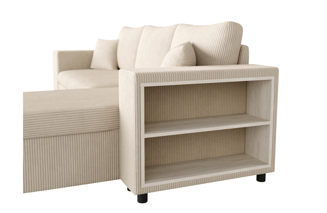 Canapé d'angle MADY convertible avec coffre, 2 poufs et étagère en velours côtelé