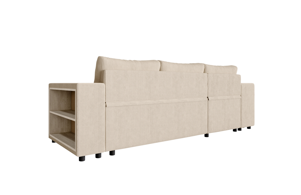Canapé d'angle MADY convertible avec coffre, 2 poufs et étagère en velours côtelé