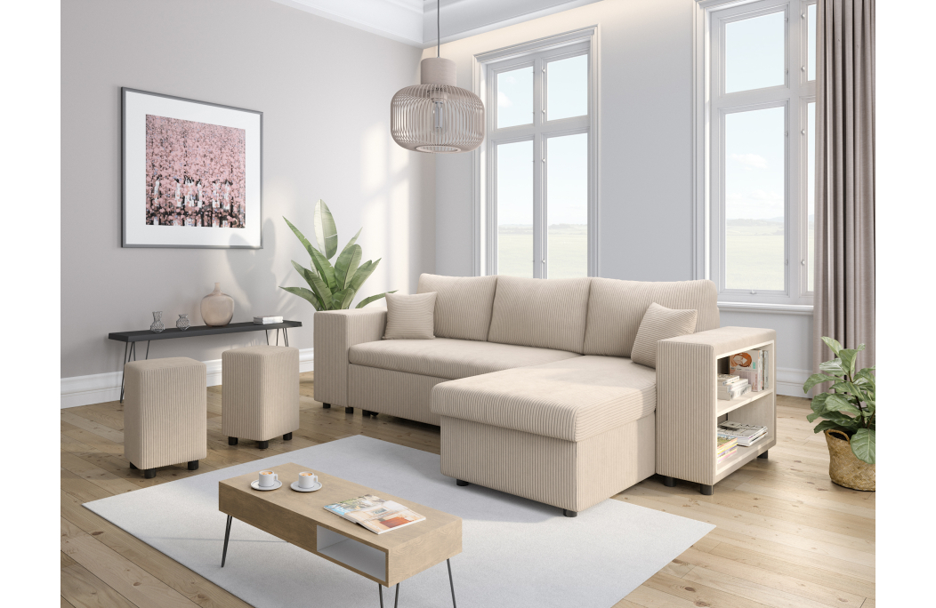 Canapé d'angle MADY convertible avec coffre, 2 poufs et étagère en velours côtelé