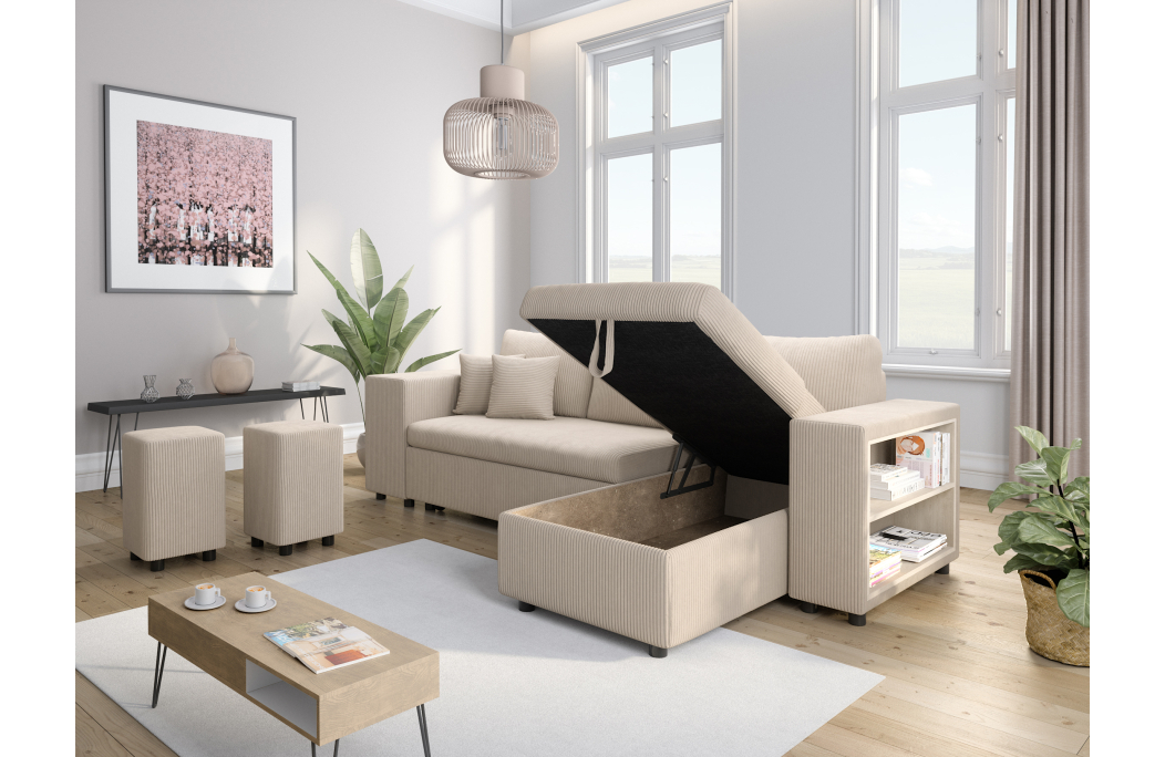 Canapé d'angle MADY convertible avec coffre, 2 poufs et étagère en velours côtelé