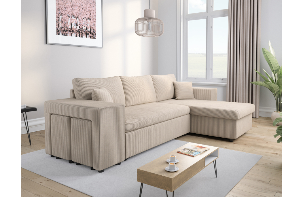 Canapé d'angle MADY convertible avec coffre, 2 poufs et étagère en velours côtelé