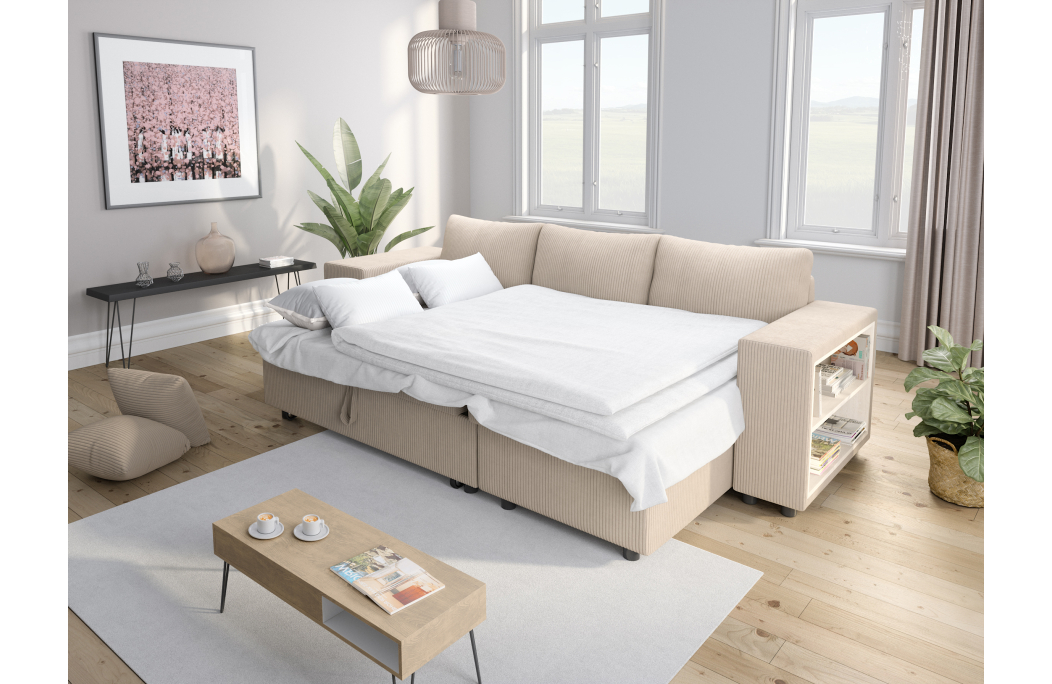 Canapé d'angle MADY convertible avec coffre, 2 poufs et étagère en velours côtelé